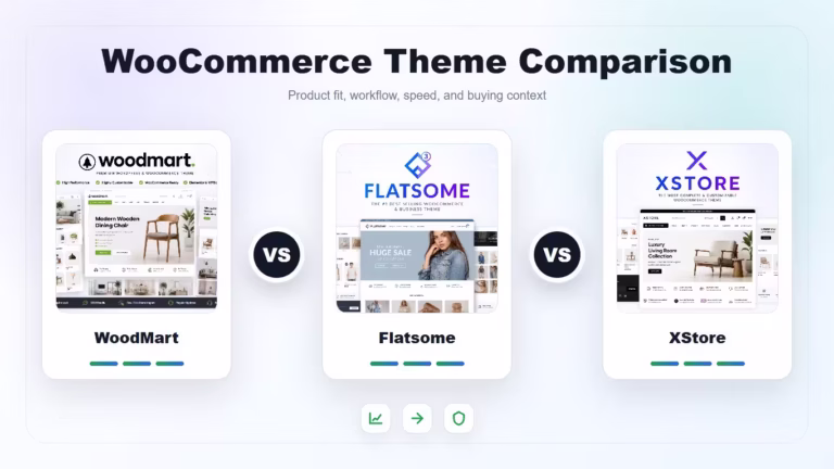 Product comparison featured image for WoodMart vs Flatsome vs XStore.