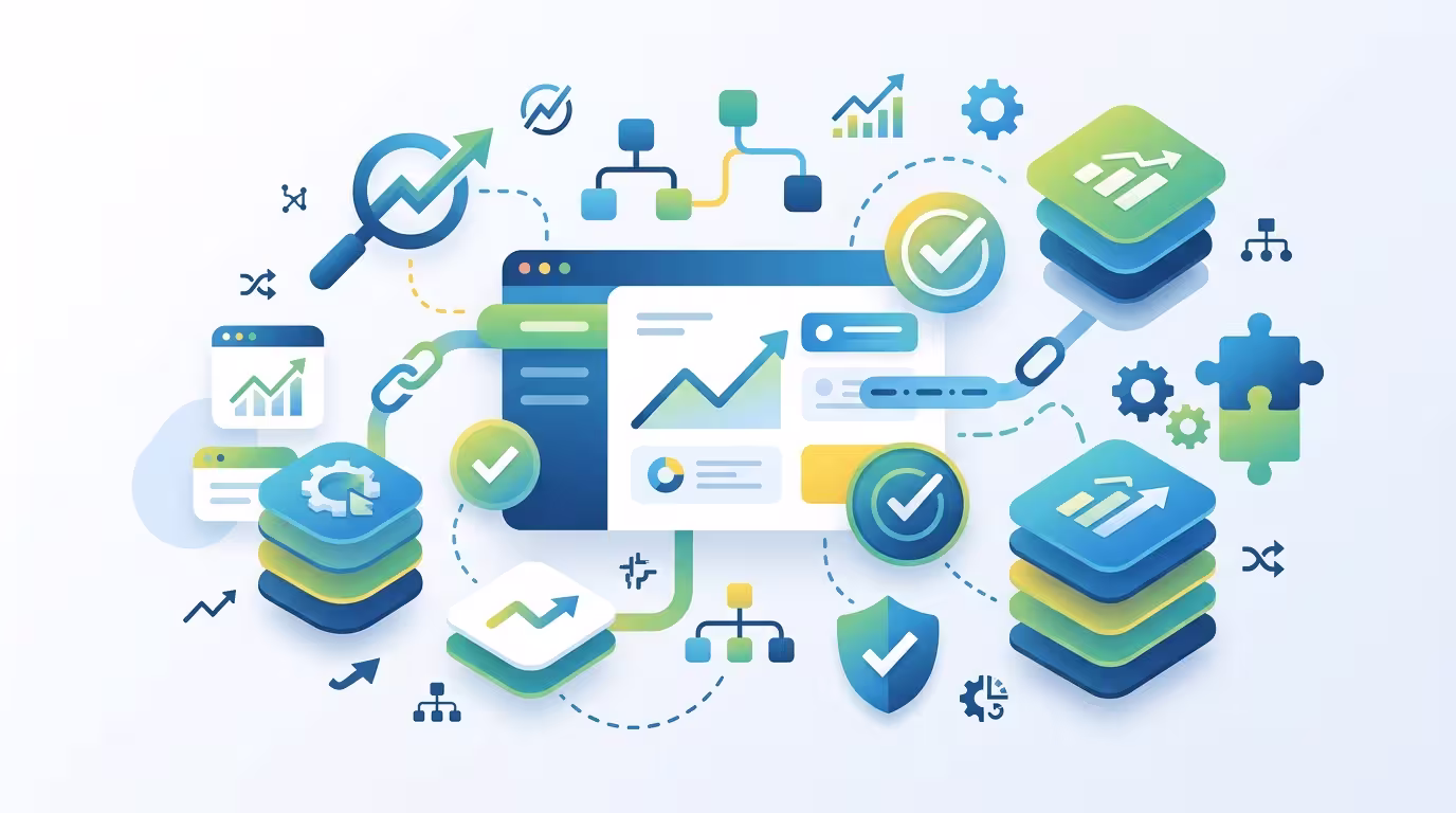 Abstract editorial illustration of WordPress SEO plugin selection with search, schema, linking, ranking, and optimization icons.