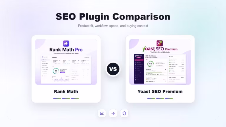 Product comparison featured image for Rank Math vs Yoast SEO Premium.