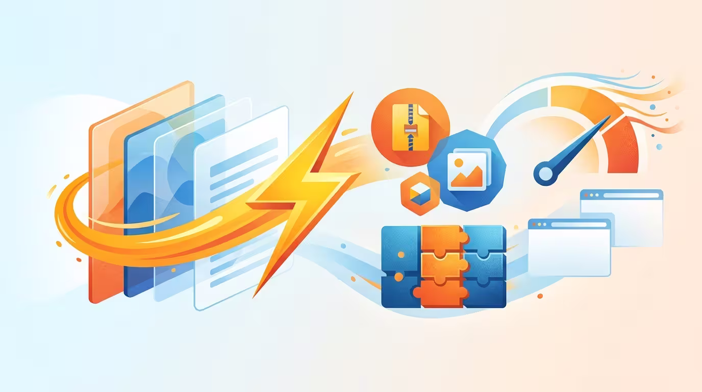 Abstract editorial featured image for a WordPress article with symbolic SEO, performance, or builder workflow visuals.