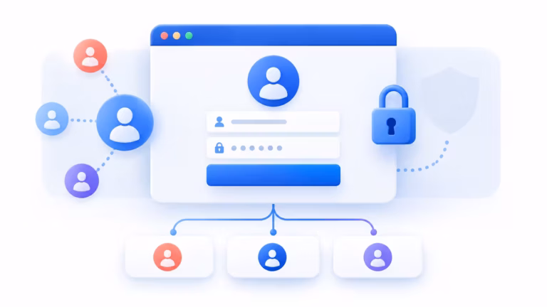 Illustration of a WordPress social login flow with account and security symbols