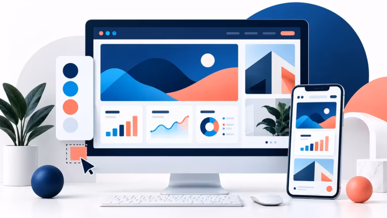 Illustration of a responsive digital agency website design system on desktop and mobile