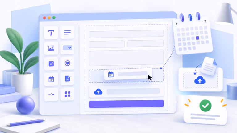 Illustration of a WordPress form builder with form fields, calendar, upload and confirmation symbols