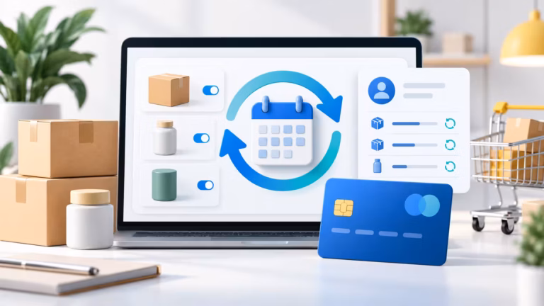 Illustration of a recurring ecommerce subscription dashboard with calendar and payment card
