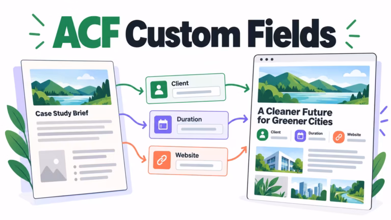 Editorial illustration mapping client, duration and website fields into a reusable case-study page