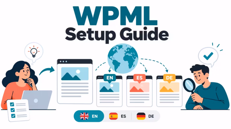 Editorial illustration of a website translated into English, Spanish and German with a review workflow